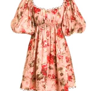 Zimmerman Cassia Puff Sleeve Scallop Mini Dress Size 1 (4-6)